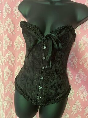 Black Floral Brocade Corset with Ruffle Trim